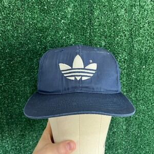 Vintage Adidas Tre Foil Logo Snapback Hat Cap Navy Blue Spellout Sports 90s
